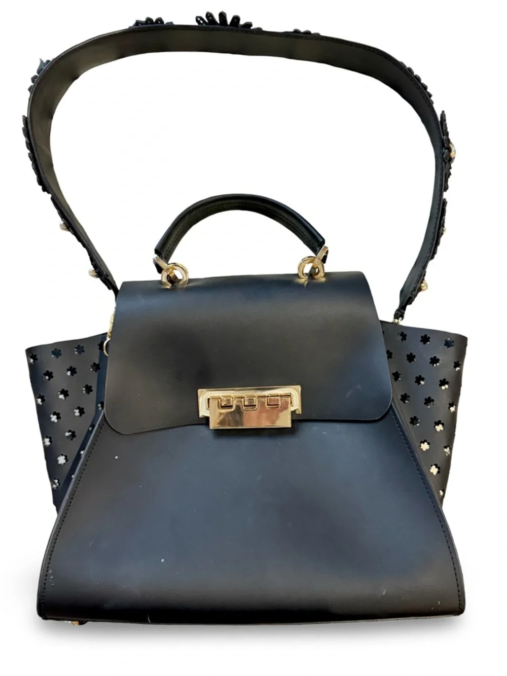 ♠️👜 Zac Posen Black Leather Top-Handle Satchel with Floral Embellished Strap 👜♠️